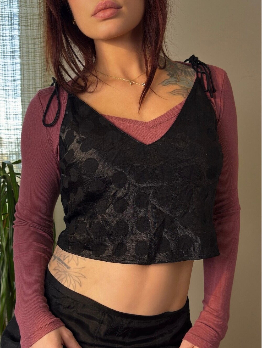 Victoria's Secret Black Satin Polka Dot Tie Strap Crop Top S